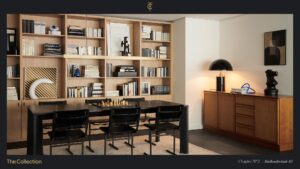 Modern study room with a large wooden bookcase, black dining table with chess set, and stylish sideboard with contemporary decor at Stadhouderskade 85.