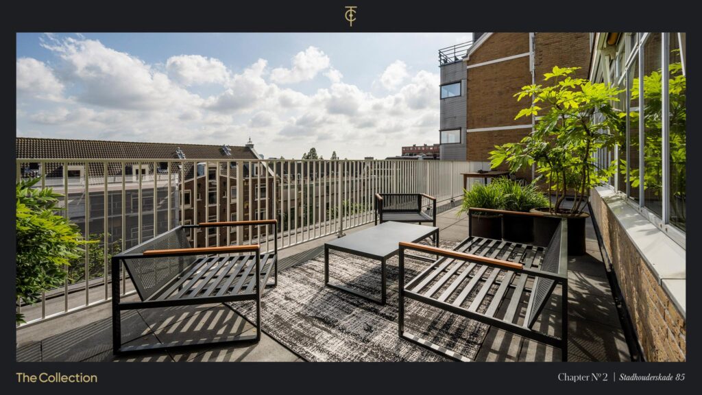 Modern rooftop terrace at Stadhouderskade 85 with outdoor seating, greenery, and city views.