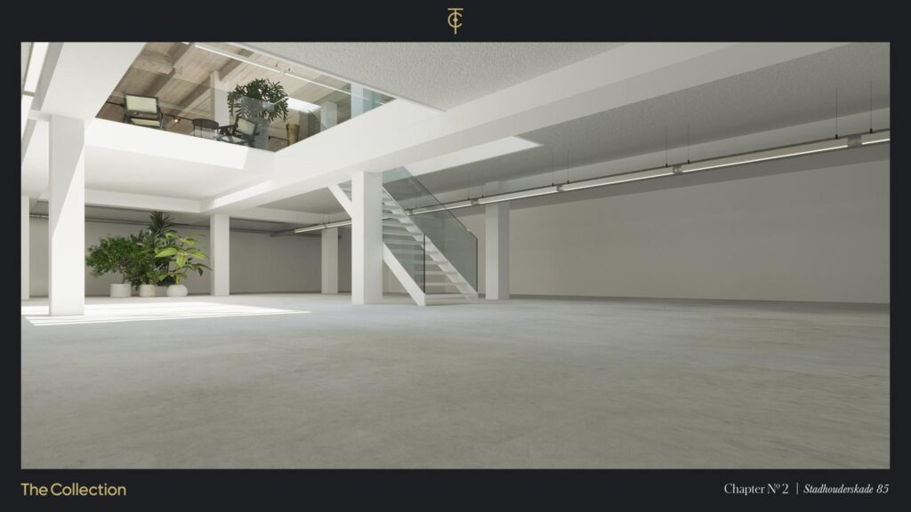 Spacious modern interior at Stadhouderskade 85 featuring a mezzanine, glass staircase, and large indoor plants.