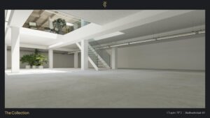 Spacious modern interior at Stadhouderskade 85 featuring a mezzanine, glass staircase, and large indoor plants.