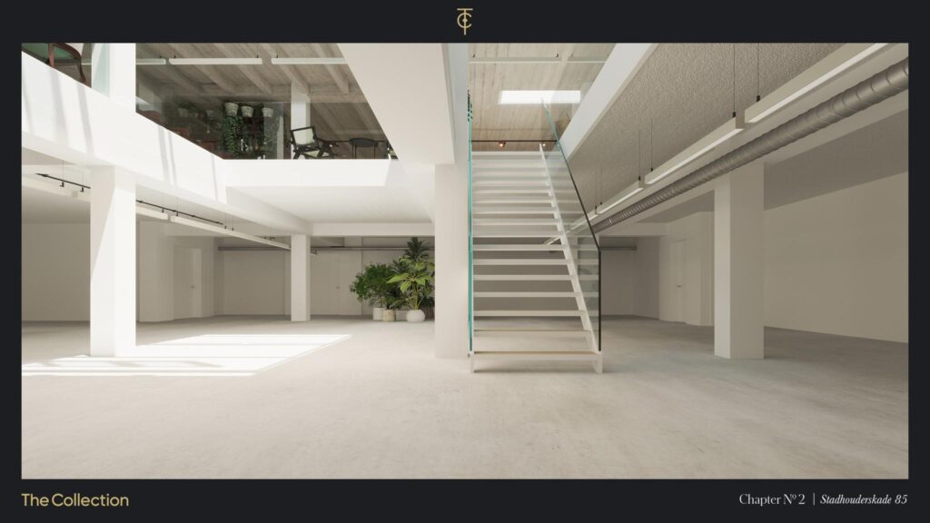 Modern, minimalist interior of a commercial space at Stadhouderskade 85 with open layout, glass staircase, and natural light.