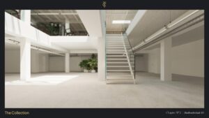 Modern, minimalist interior of a commercial space at Stadhouderskade 85 with open layout, glass staircase, and natural light.