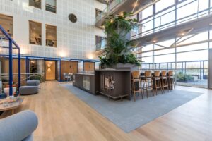 Modern ingerichte lounge- en werkruimte in een kantoor aan de Kabelweg met veel daglicht en groene planten.