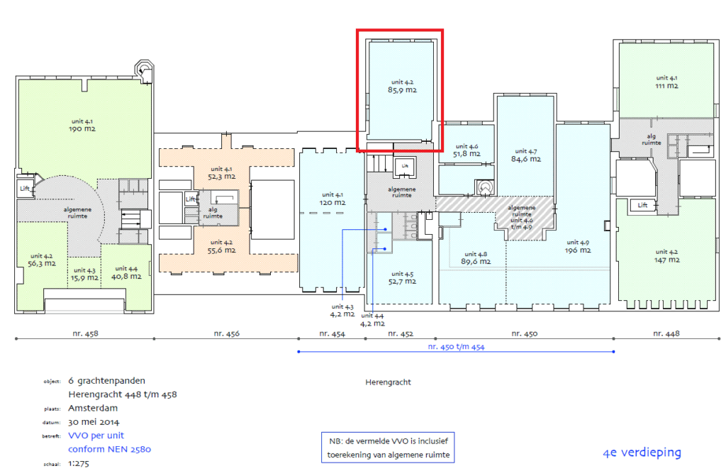 Plattegrond van de 4e verdieping van Herengracht 448 t/m 458 in Amsterdam, met unit 4.2 van 85,9 m² rood omlijnd.