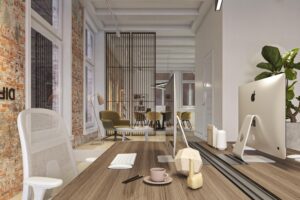 Modern kantoorinterieur aan het Rokin met houten bureaus, Apple-computers en een vergaderruimte met glazen wand.