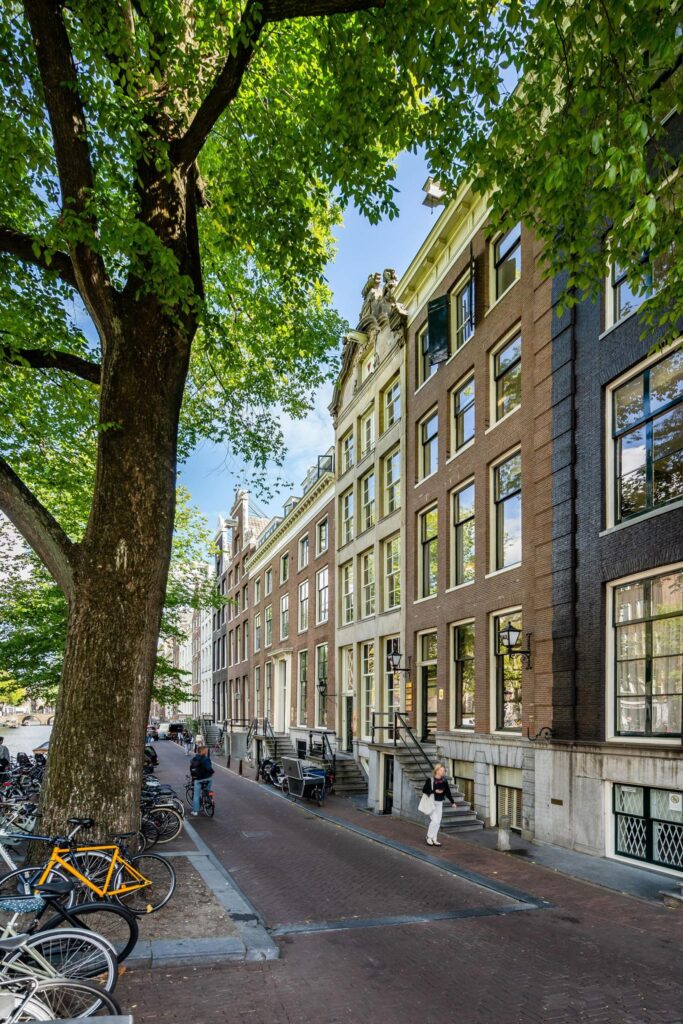 Gevels van historische grachtenpanden aan de Herengracht in Amsterdam met fietsen en een grote boom op de voorgrond.