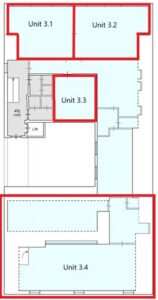 Floor plan of Herengracht showing Units 3.1, 3.2, 3.3, and 3.4 outlined in red.