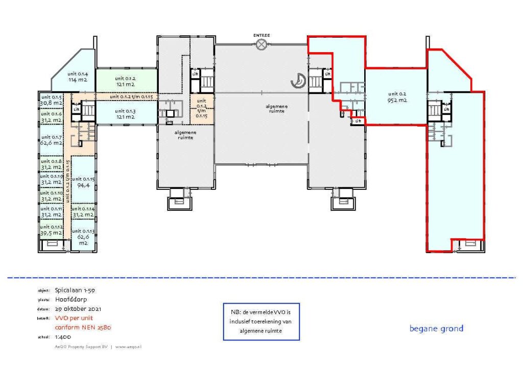 Plattegrond van de begane grond van het gebouw aan de Spicalaan 1-59 in Hoofddorp met verschillende units en algemene ruimtes.