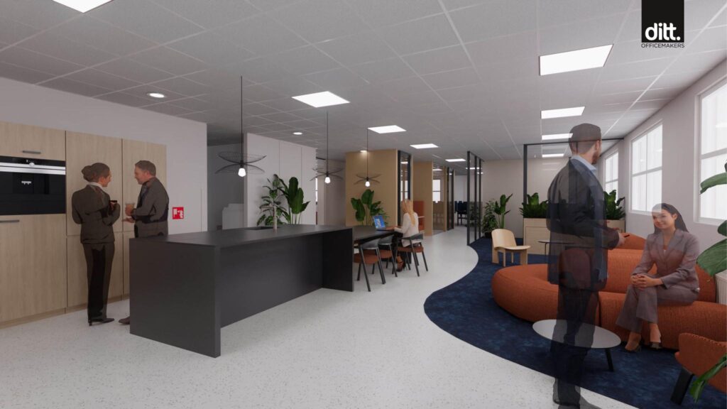 Modern kantoorinterieur aan de Spicalaan met loungehoek, werkplekken en koffiekeuken.