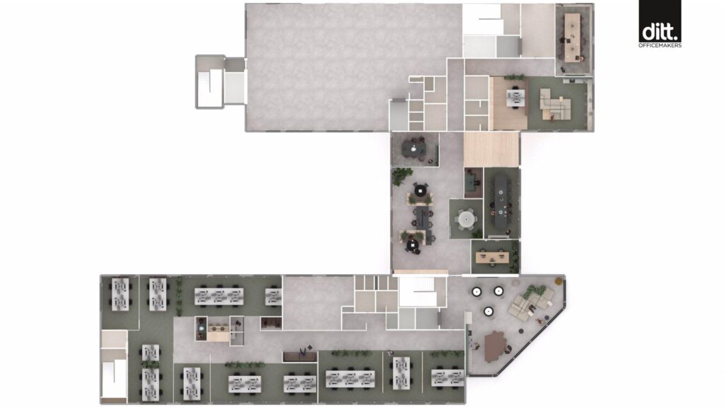 Plattegrond van een modern kantoor aan de Spicalaan met open werkplekken, vergaderruimtes en loungehoeken, ontworpen door Ditt Officemakers.