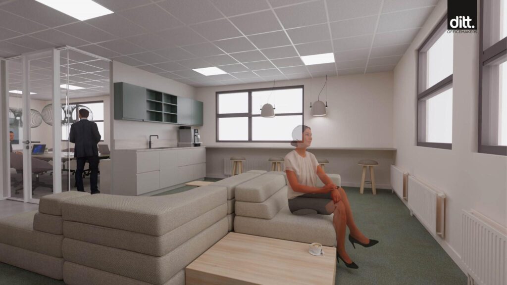 Moderne kantoorlounge aan de Spicalaan met zithoek, open keuken en vergaderruimte op de achtergrond.