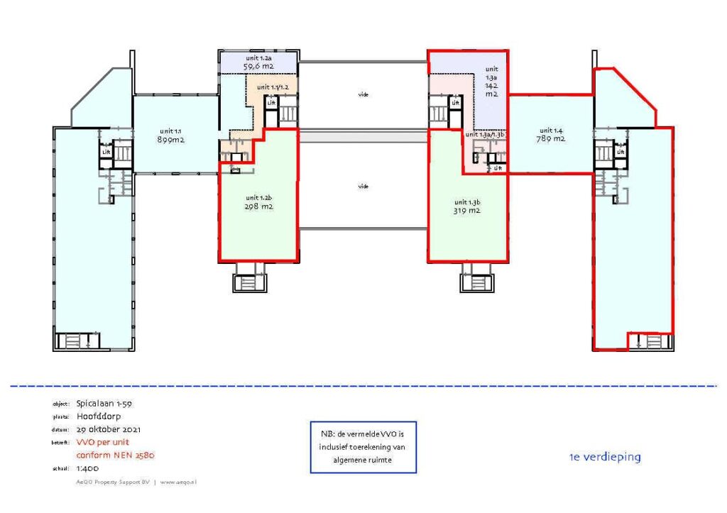 Plattegrond van de eerste verdieping van het gebouw aan de Spicalaan 7-59 in Hoofddorp met verschillende units en bijbehorende vierkante meters.