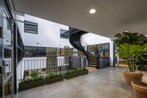 Modern indoor office courtyard with a black spiral staircase, large potted plants, and natural light.