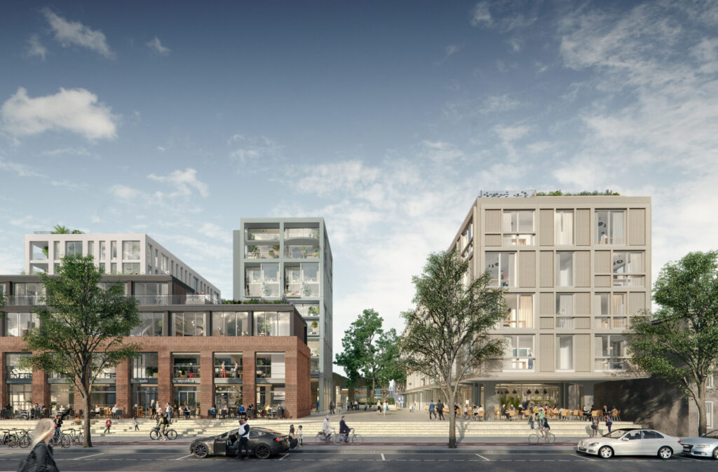 Moderne stedelijke straat met twee eigentijdse gebouwen, winkels en terrassen, gebaseerd op ontwerp