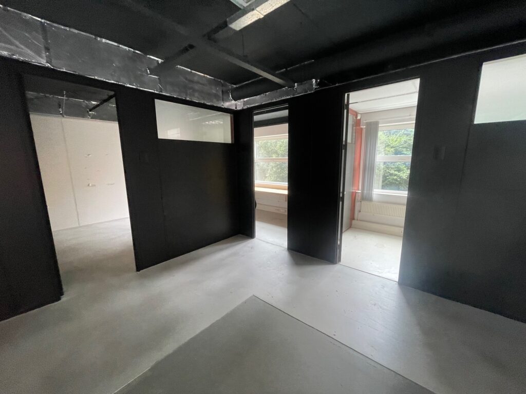 Interior view of a modern, industrial-style room with black walls, open doorways, and large windows letting in natural light.