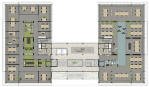Plattegrond van een modern kantoorgebouw met open werkplekken, vergaderruimtes en gemeenschappelijke zones, genaamd Walborg.