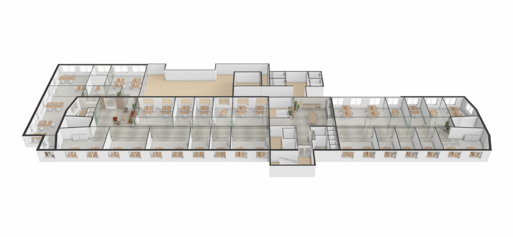3D plattegrond van een kantoorgebouw aan de Basisweg met meerdere kantoorruimtes, vergaderruimtes en open werkplekken.