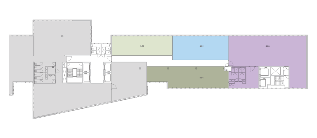 Floor plan of the third level of the building at Jachthavenweg, showing rooms 3.01 to 3.04 and shared facilities.