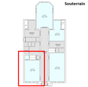 Plattegrond van het souterrain van Herengracht 216 met units en algemene ruimtes, waarbij unit 5.3 van 54,7 m² rood is omlijnd.