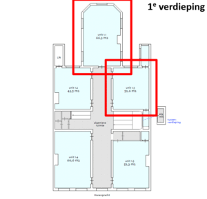 Plattegrond van de eerste verdieping aan de Herengracht met vijf kantoorunits en twee rood omlijnde units (1.1 en 1.3).