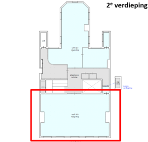 Plattegrond van de 2e verdieping van Herengracht 174, met units 2.1 (136 m²) en 2.2 (165 m²) en algemene ruimte.