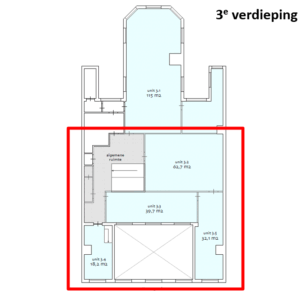 Plattegrond van de 3e verdieping van Herengracht met aanduiding van vijf units en een algemene ruimte.