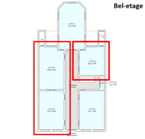 Plattegrond van de bel-etage aan de Herengracht met zes units en rood gemarkeerde ruimtes.