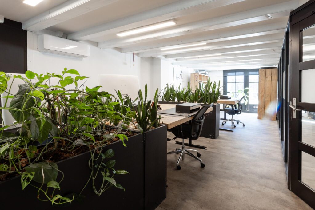Moderne en lichte kantoorruimte aan het Rokin met houten bureaus, ergonomische stoelen en veel groene planten.