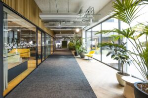 Moderne kantoorruimte aan de Kabelweg met glazen wanden, veel planten en een gele designstoel bij het raam.