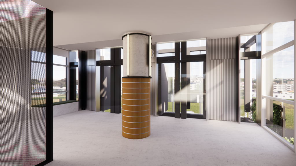 Modern interior space with a central column featuring a concrete and terracotta tile design, surrounded by large glass windows and metal panel accents.