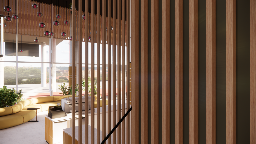 Modern interior with wooden slat partition, curved yellow seating, coffee station, and large windows overlooking a cityscape.