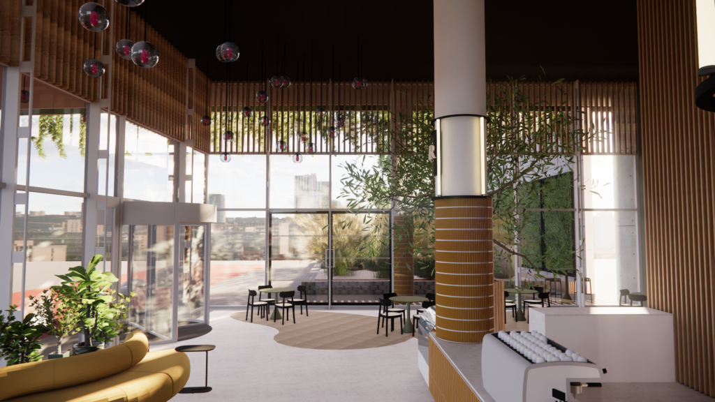 Modern lobby interior with large windows, natural light, wooden accents, and contemporary furniture.