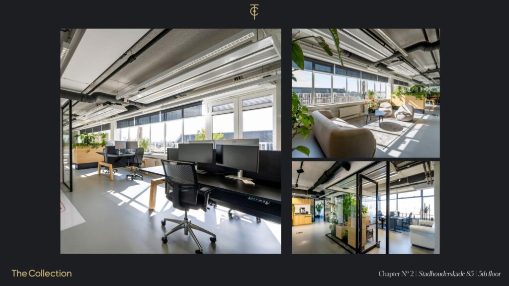 Modern office space with large windows, workstations, lounge area, and indoor plants at Stadhouderskade 85, 5th floor.