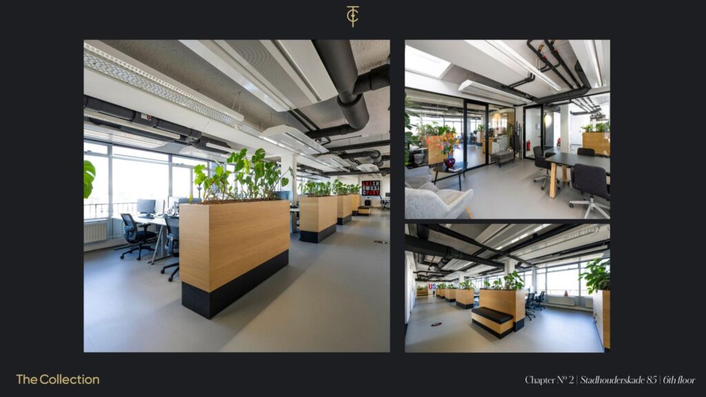 Modern office space on the 6th floor of Stadhouderskade 85 with open workstations, large windows, and wooden planters with greenery.