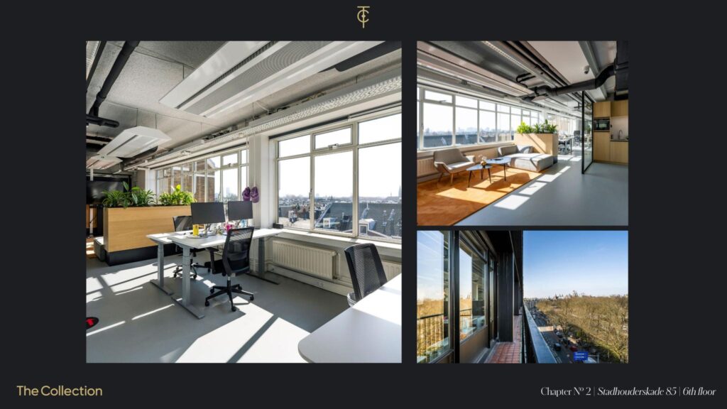 Modern office space with large windows, stylish furnishings, and a city view at Stadhouderskade 85, 6th floor.