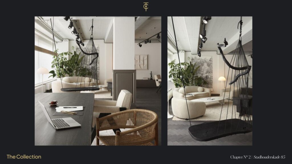 Modern and elegant interior of The Collection at Stadhouderskade 85 featuring a minimalist lounge area, hanging chair, and natural elements.