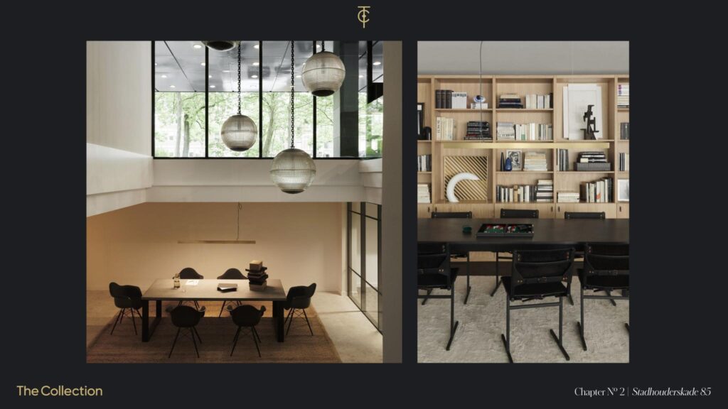 Modern interior of Stadhouderskade 85 featuring a stylish meeting area with hanging lights and a library wall with a black conference table.