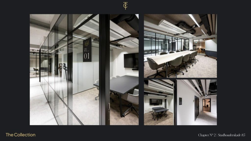 Modern office space at Chapter Nº 2, Stadhouderskade 85, featuring glass-walled meeting rooms and contemporary furnishings.