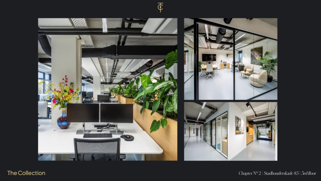 Modern office interior on the 3rd floor of Stadhouderskade 85, featuring open workspaces, meeting rooms, and greenery.
