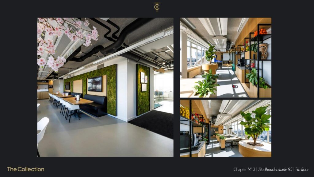 Modern office space at Stadhouderskade 85 with natural light, green walls, and contemporary furnishings on the 7th floor.