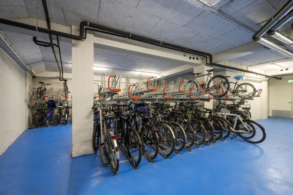 Fietsenstalling met dubbelzijdig fietsrek in een kelderruimte met blauwe vloer.