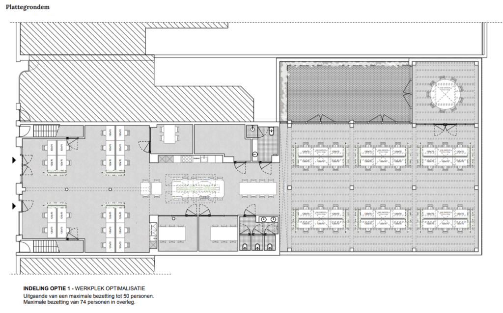 Floor plan of Ruysdaelstraat layout option 1 showing optimized workspaces with a maximum capacity of 50 to 74 people.