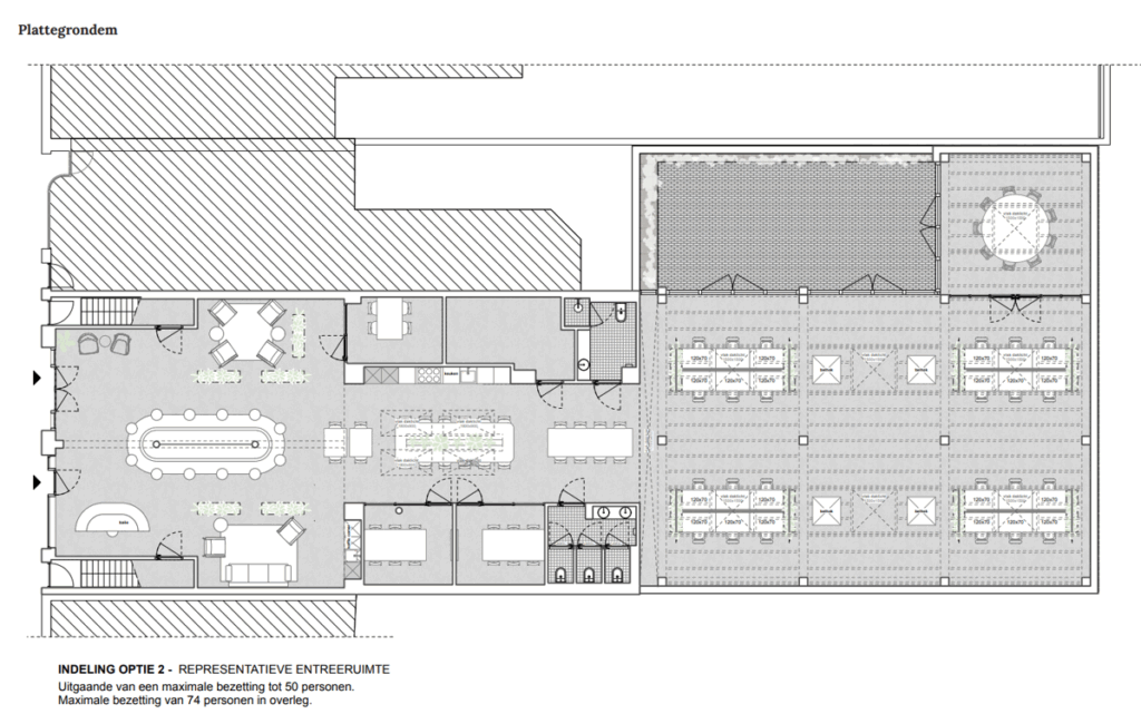 Floor plan of Ruysdaelstraat showing layout option 2 with a representative entrance area, meeting rooms, workspaces, and communal zones.