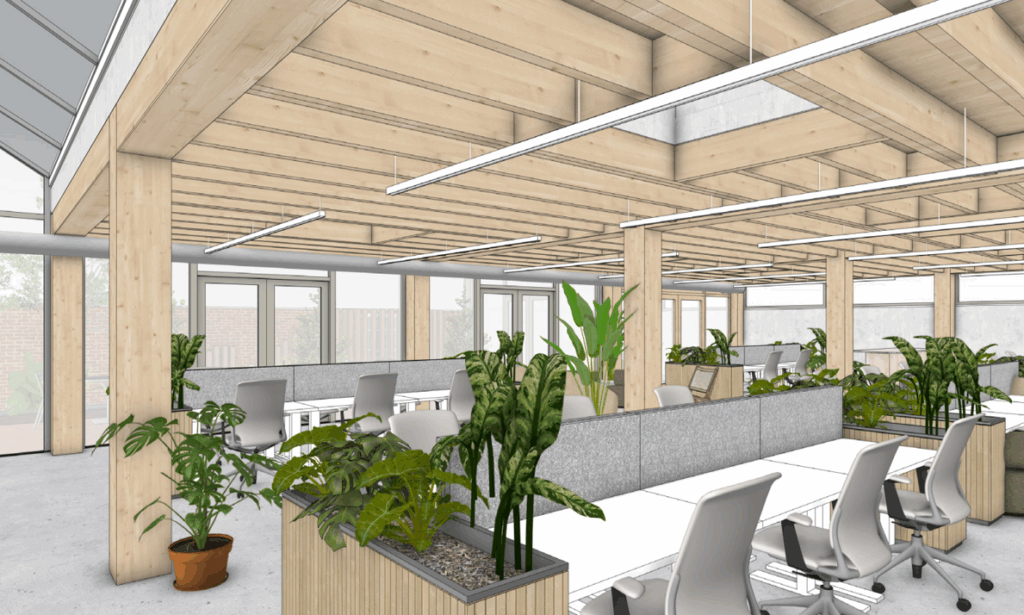 Modern open-plan office space on Ruysdaelstraat with wooden beams, shared desks, and abundant indoor plants.