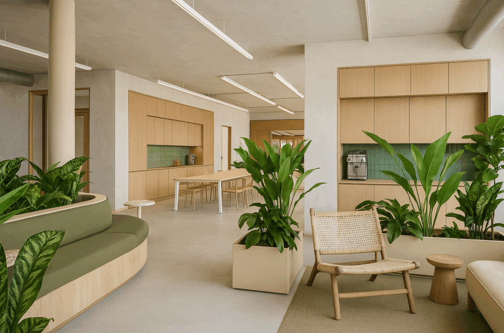 Modern office lounge with wooden furniture, green plants, and built-in kitchen cabinets on Ruysdaelstraat.