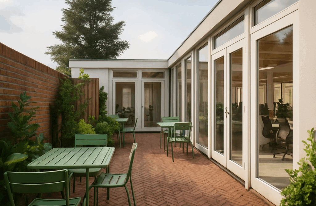 Outdoor patio with green tables and chairs beside a modern building with large glass doors.