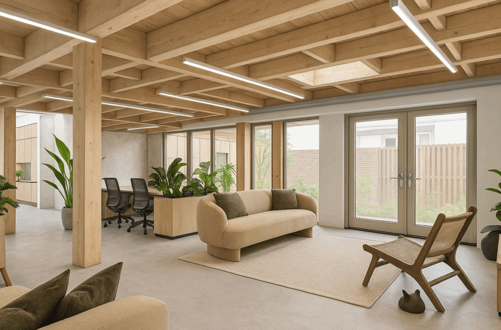Modern office interior on Ruysdaelstraat with wooden ceiling beams, natural light, and minimalist furniture.