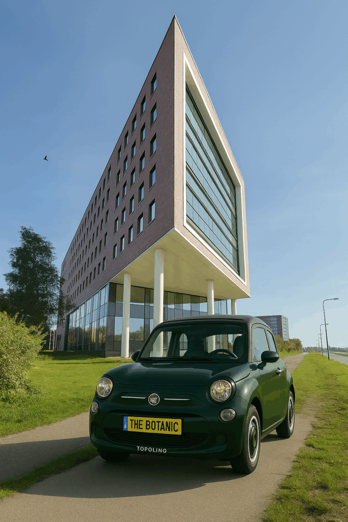 Green Fiat Topolino with "THE BOTANIC" license plate parked in front of a modern, angular building on Bloemlaan.