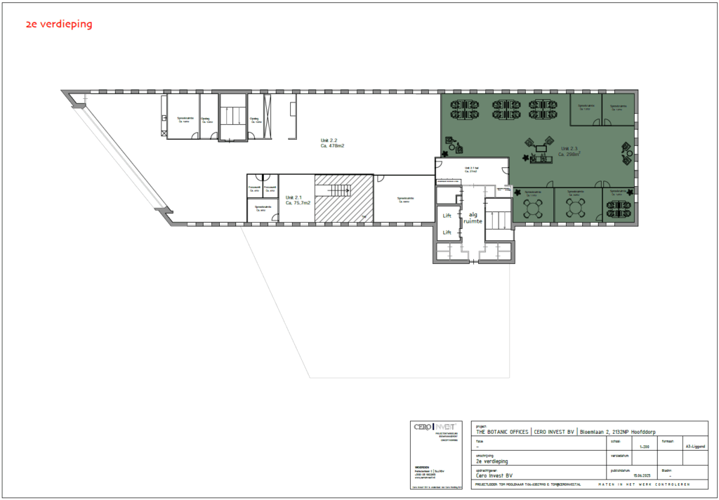 Floor plan of the second floor of The Botanic Offices at Bloemlaan 2, showing office units, communal areas, and facilities.