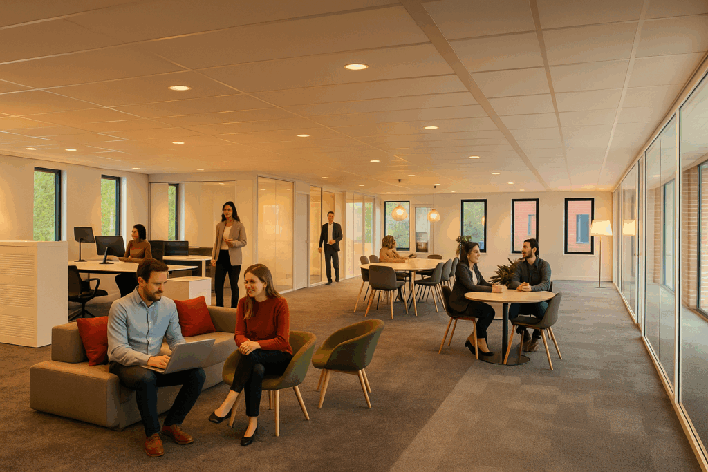 Modern open office space on Bloemlaan with people working and having informal meetings.